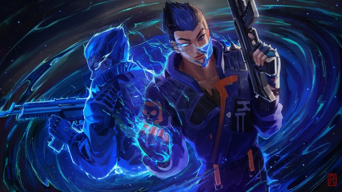 Yoru and another agent from Valorant with blue energy