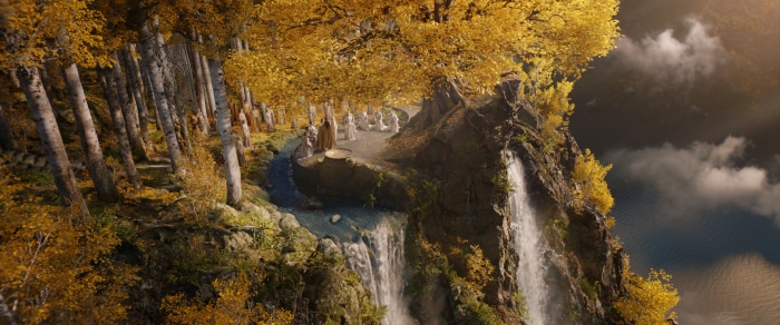 Elves gathered on a cliffside with waterfalls