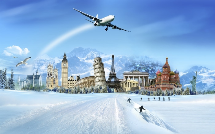 Winter travel montage with landmarks and airplane