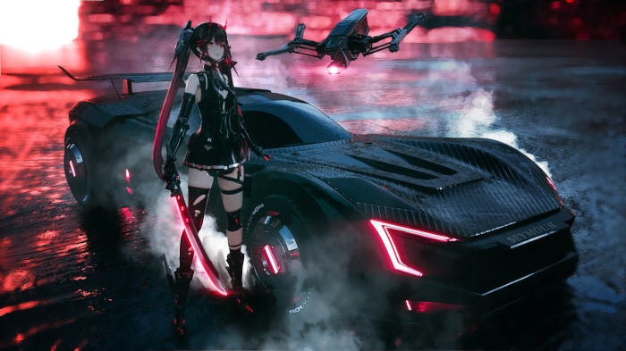 Lucia from Punishing: Gray Raven with a futuristic car