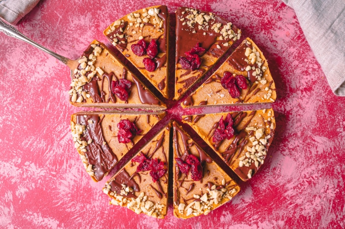 Slices of cake with chocolate and nuts