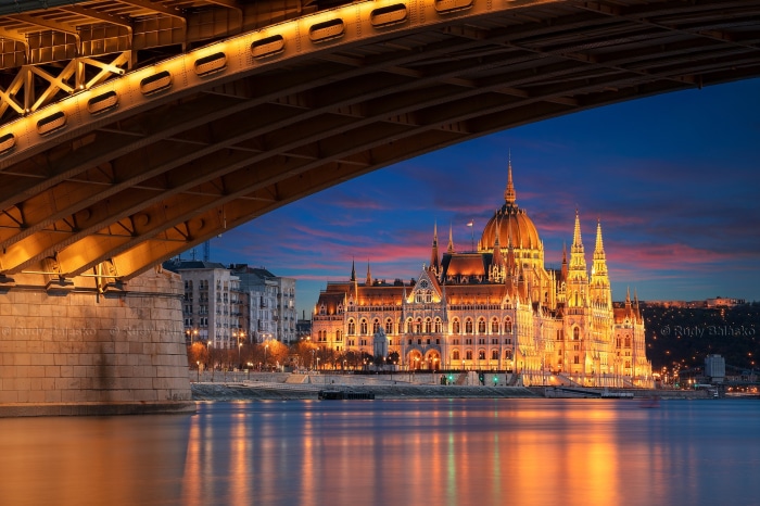 Hungarian Parliament Building at dusk over Danube River