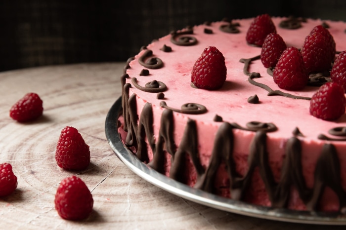 Raspberry cake with chocolate decoration