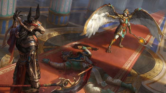 Anubis and Horus confront a fallen god