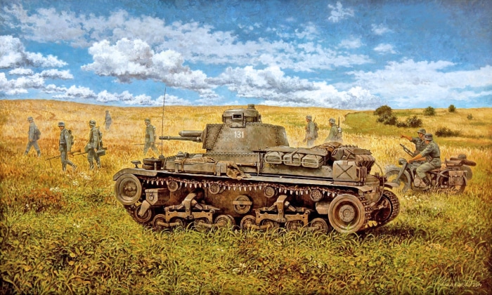 German Panzer IV tank with soldiers in a field