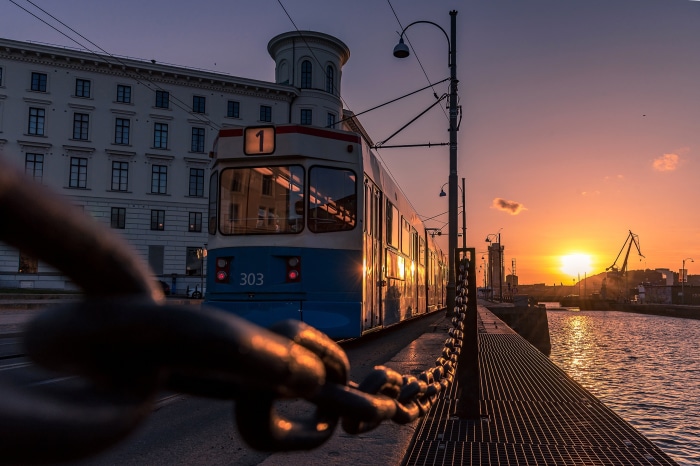 Tram 1 at sunset by the water