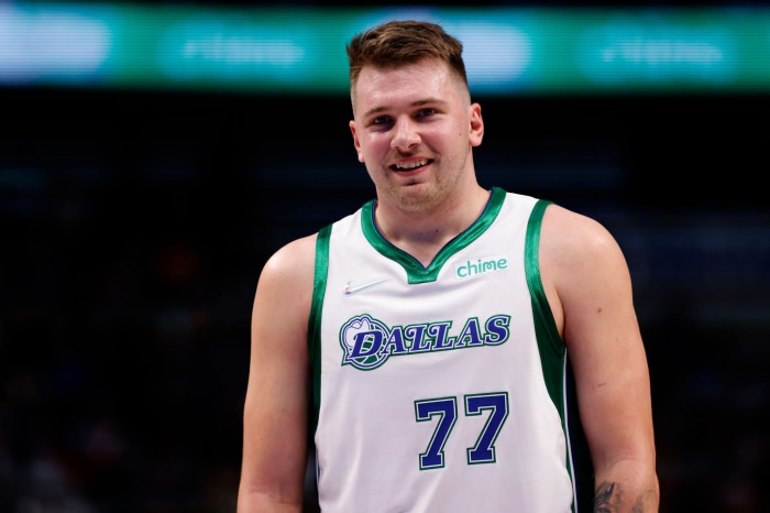 Luka Dončić wearing Dallas Mavericks jersey
