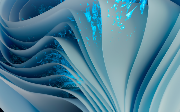 Abstract blue swirling forms with glowing particles