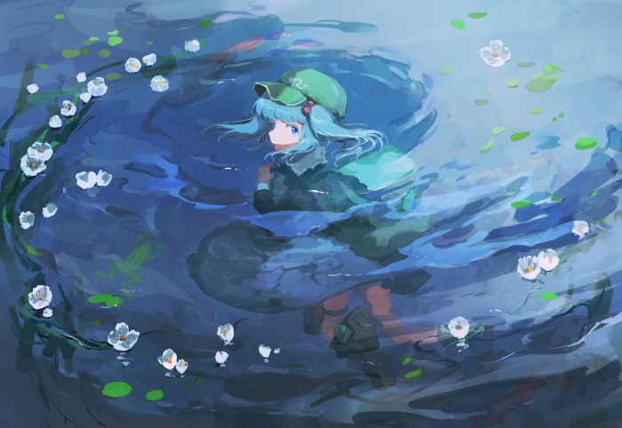 Nitori Kawashiro from Touhou in a pond