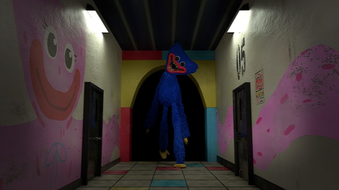 Huggy Wuggy from Poppy Playtime in a dark hallway