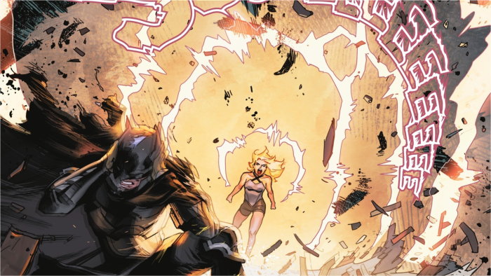Batman and Starfire in an explosion