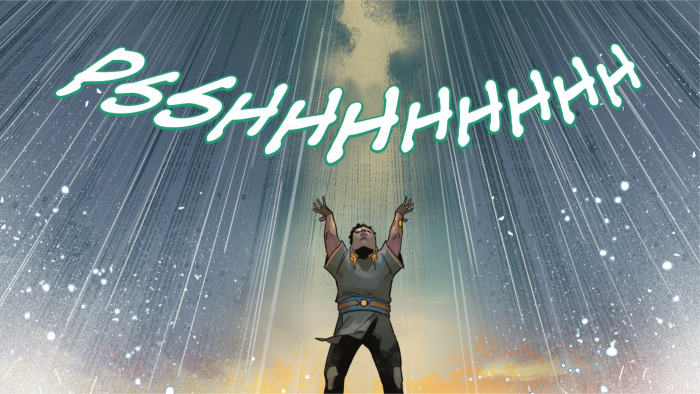 Man with arms raised under PSSSHHHH sound effect