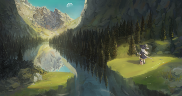 Elaina from The Journey of Elaina in a mountain lake landscape