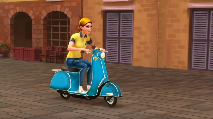 Woman riding a blue scooter