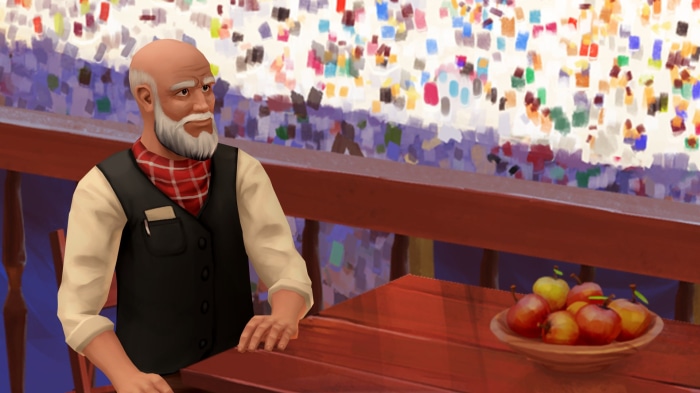 Rokas sitting at a table with apples
