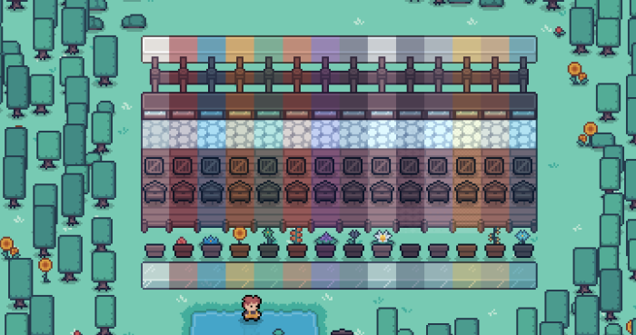 Pixel art display of building materials and plants