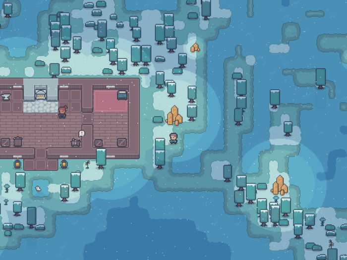 Pixel art winter scene with characters and building