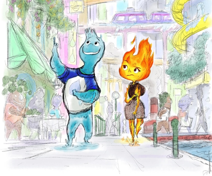 Elemental characters Wade and Ember in a city