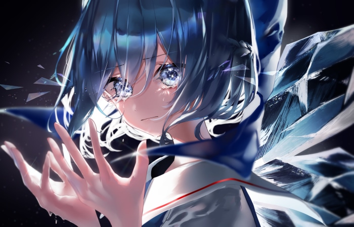 Cirno from Touhou crying with ice shards