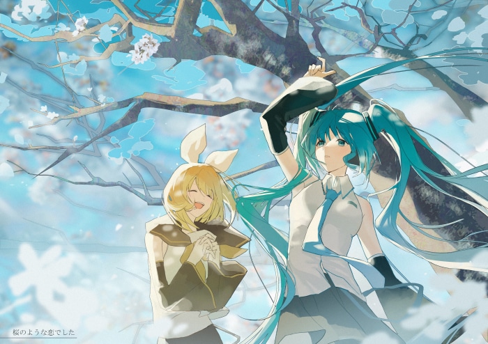 Hatsune Miku and Rin Kagamine under a cherry blossom tree
