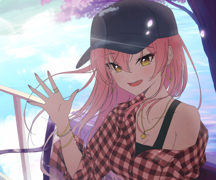 Mika Jougasaki with pink hair wearing a cap and plaid shirt