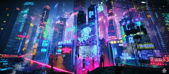 Futuristic Cityscape with Neon Signs