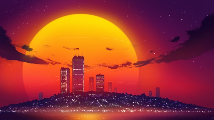 Retro Island Cityscape at Sunset