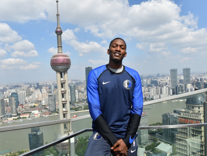 Dorian Finney-Smith in Shanghai with Oriental Pearl Tower