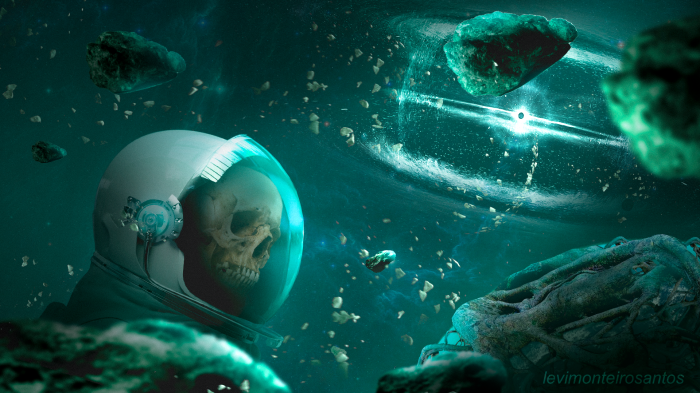 Astronaut skeleton in space near a black hole