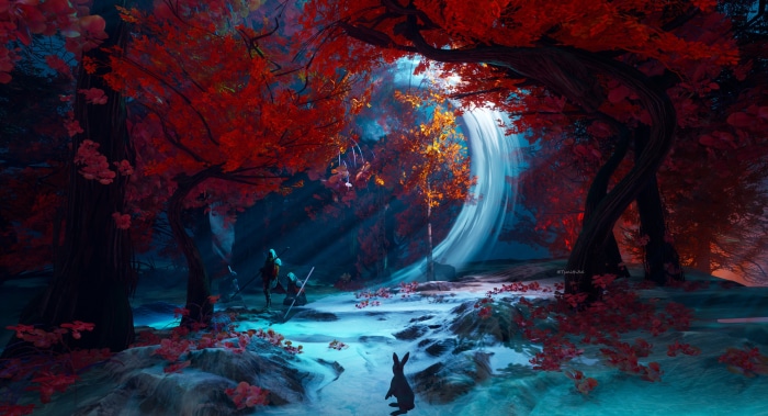 Fantasy forest with red trees and a waterfall