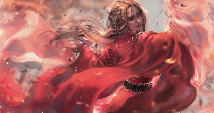 Fantasy Woman in Red Dress with Flowing Hair 4K