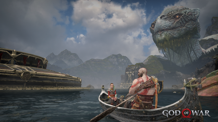 Kratos and Atreus in a boat with the World Serpent
