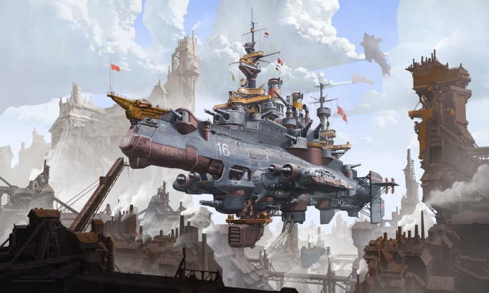 Steampunk Battleship in Industrial City