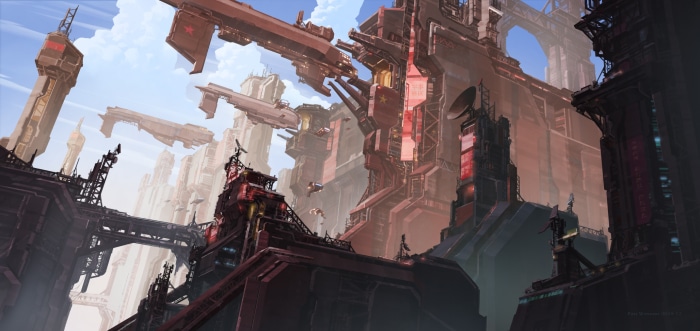 Sci-fi city with flying vehicles and towering structures