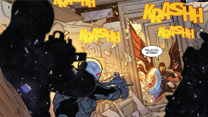Captain America (Sam Wilson) and a masked figure in a fight