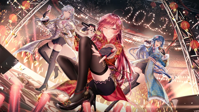 Three girls singing on stage with fireworks