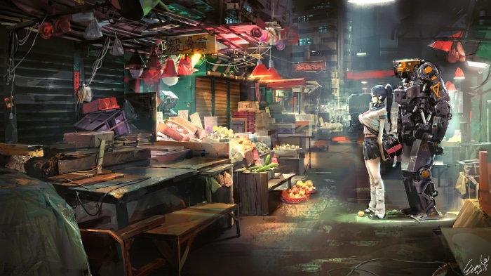 Sci Fi Robot and Girl in Market 4K