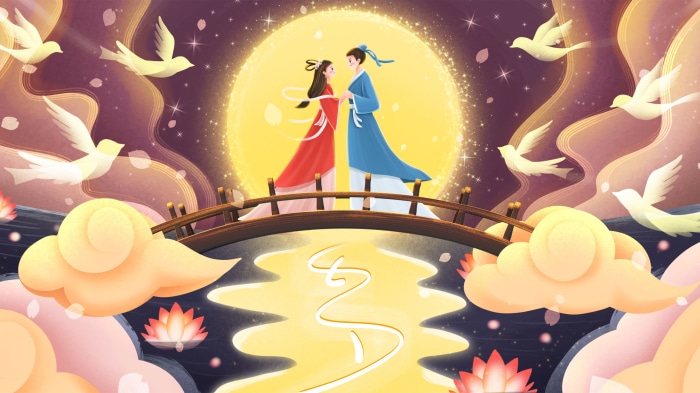 Fantasy Love Story with Birds and Moon