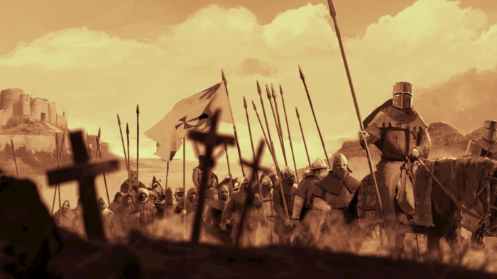 Knights in armor marching with a castle in the background