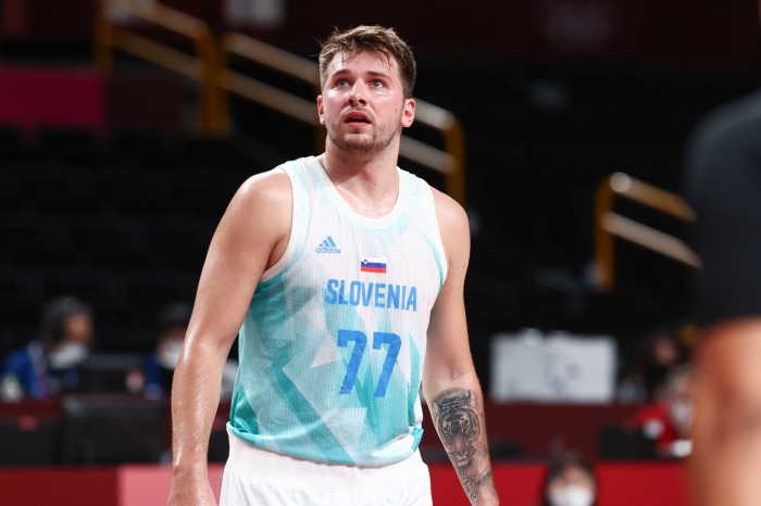 Luka Dončić wearing Slovenia basketball jersey