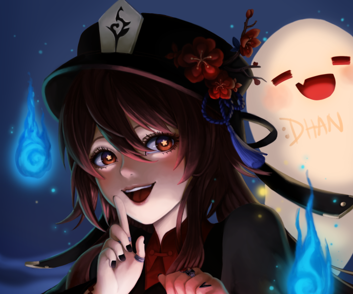 Hu Tao from Genshin Impact with a ghost