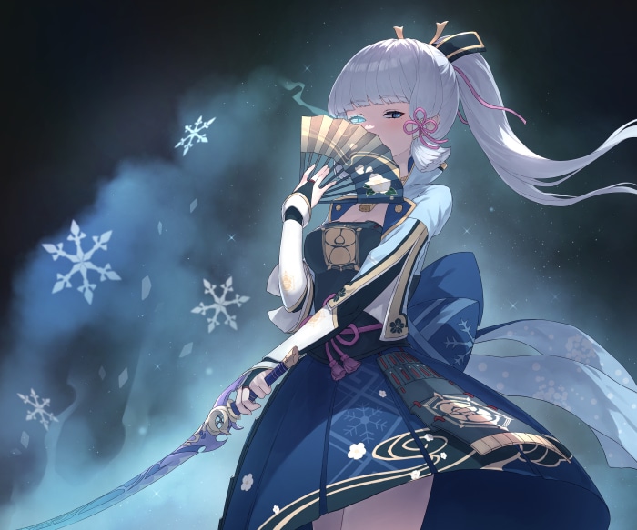 Kamisato Ayaka from Genshin Impact with a fan and sword
