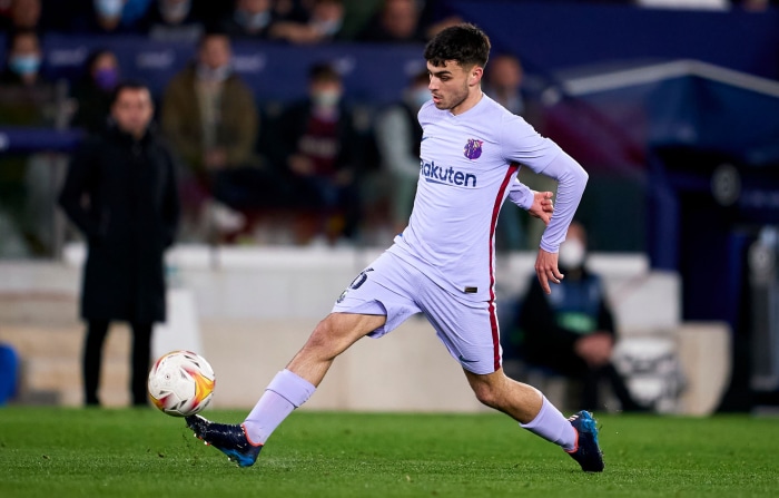 Pedri playing soccer for Barcelona