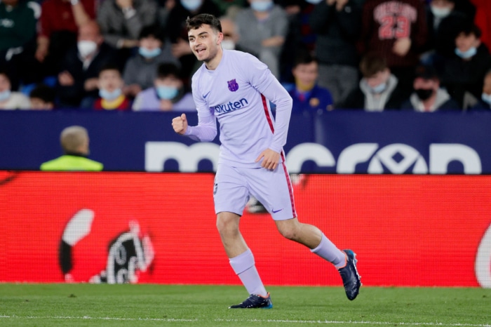 Pedri from Barcelona celebrates on the field