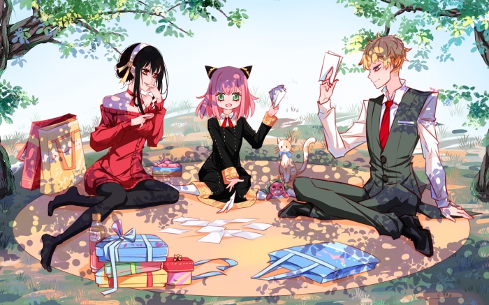 Yor, Loid, and Anya Forger from Spy X Family having a picnic