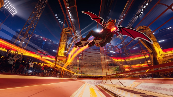 Roller Champions character with dragon wings in stadium