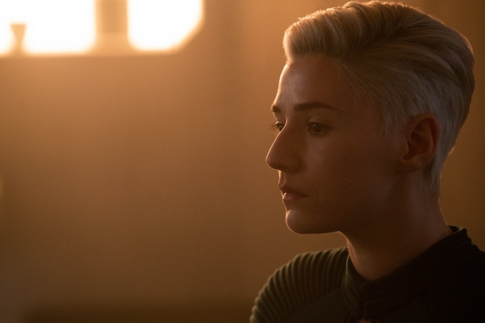 A woman with short blonde hair in Halo