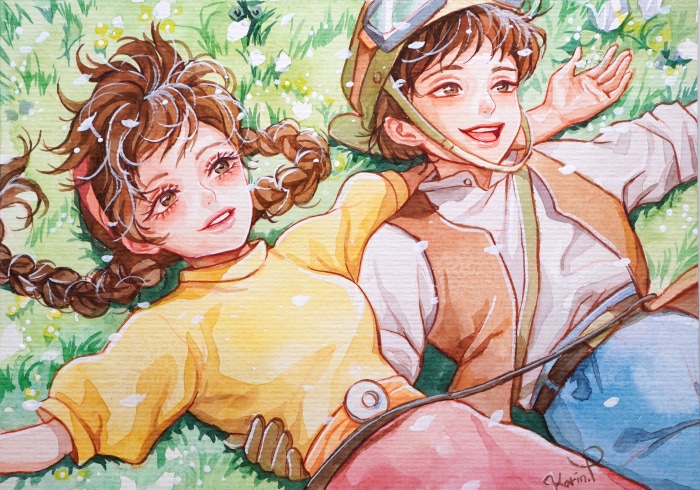 Sheeta and Pazu from Laputa: Castle in the Sky lying in grass