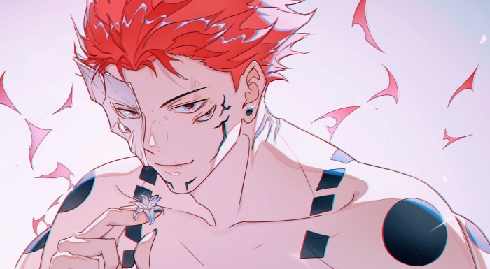 Sukuna from Jujutsu Kaisen holding a flower