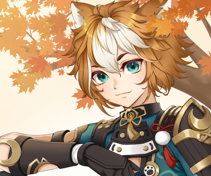 Gorou from Genshin Impact with autumn leaves